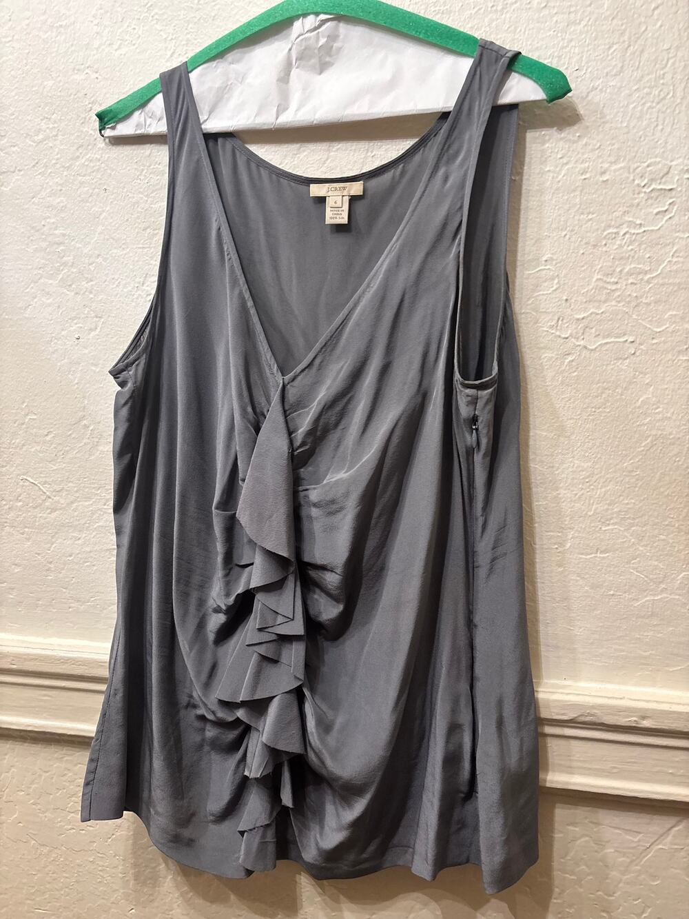 J.Crew 100% Silk Ruffle Cascade Front Tank Top Size 6 Gray Sleeveless V-Neck